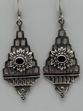 Sterling Silver Floral Drop Earrings with Purple Stone